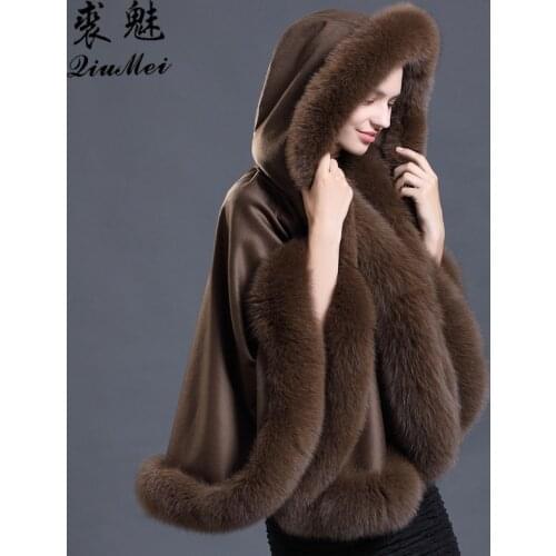 2018 Real Fur Coat Poncho Genuine Fox Fur Collar Trim & Wool Cape Women Winter Classic Shawls Hooded Pashmina Wool Real Fur Coat