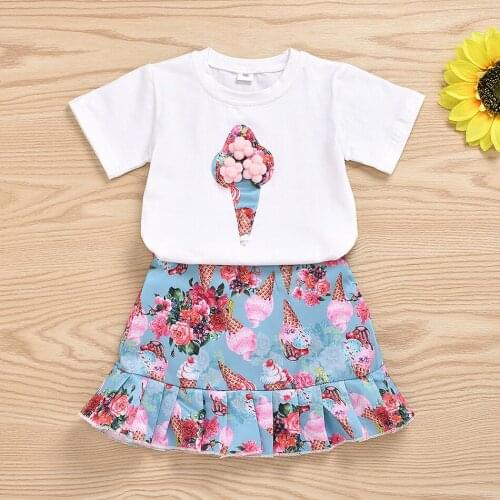 2021 Brand New Skirt Ice Cream T-Shirt 1-6Y 3D Sweet Summer Suit Printing Flower Rainbow Fancy Clothing Birthday Gift