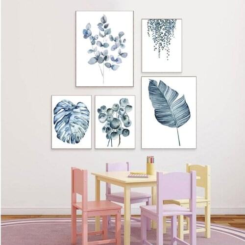 Botanical Leaf Art Print Blue Flower Poster And Print Wall Art Minimalist Canvas Painting Wall Picture Dining Room Kitchen Decor