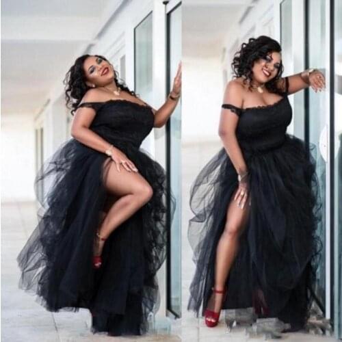 Black Sexy Plus Size Prom Dresses Spaghetti Strap Tulle Tiered Skirts Side Split Cocktail Party Gowns Floor Length Evening Dress