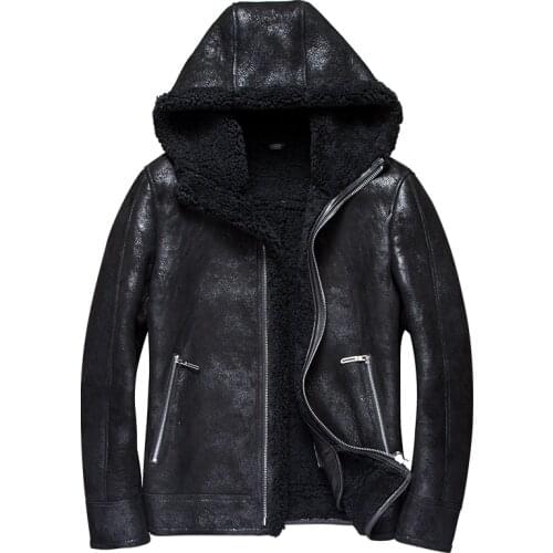 Denny&Dora Mens Shearling Winter Original Fur Coat with Mens Leather Jacket,Sheepskin Coat Hooded