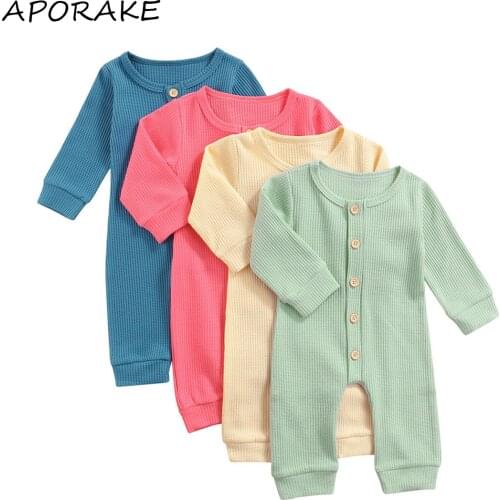 2021 0-18M Infant Baby Boy Girl Casual Jumpsuit Spring Fall Solid Color Knitted Button Fly Long Sleeve Romper Cotton Outfit