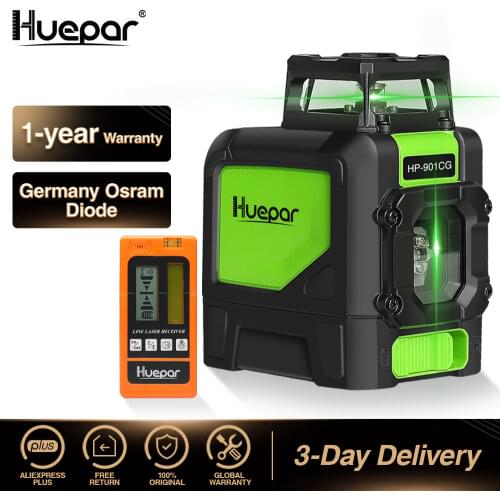 Huepar Laser Level Green Beam Cross Laser Self-leveling 360-Degree with 2 Pluse Modes+Huepar Digital LCD Laser Receiver Detector