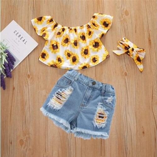 2 Pieces Kids Suit Set Girls Sunflower Print Boat Neck Short Sleeve Tops+ Denim Shorts for Summer Clothing Yellow Sunsuit 1-6Y