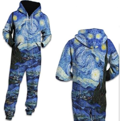 Fashion Van Gogh Painting Starry 3D Printed Hoodies Jumpsuits Women/Men Long Sleeve Zipper Playsuits Overalls for Women