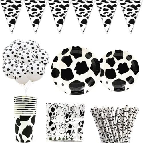 Cow Theme Party Cartoon Ranch Zoo Disposable Tableware Set Cow Paper Plates Straws Cups Napkin Kids Birthday Party Decoration
