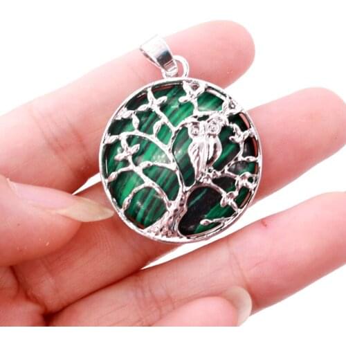 New! Round Shape Semi-precious Stone with Owl Tree Shape Alloy Pendant Charm 5pcs/lot 27mm DIY Jewelry Pendant Necklace Findings