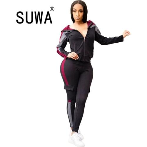 2020 Autumn New Solid Color Stitching Two-piece Womens Long-sleeved Top And Pencil Pants With Fashionable Casual Sports Sets