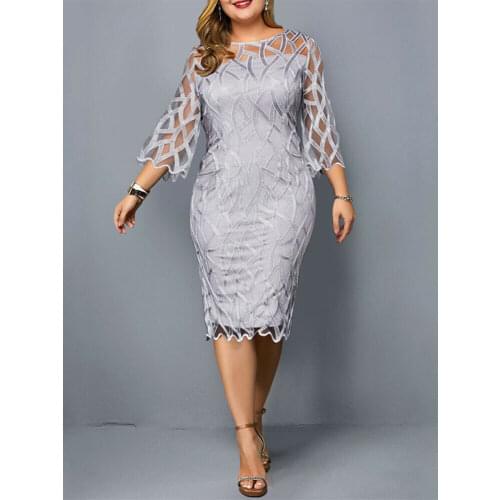Fioncrow Plus Size Dresses 4Xl 5Xl 6Xl Mesh Hollow out Lace Patchwork Long Sleeve Midi Casual Large Party Dress Women Summer