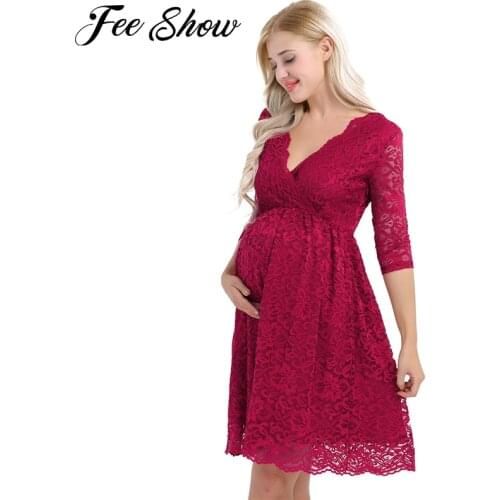 Womens Maternity Elegant Floral Lace Overlay V Neck Half Sleeve Knee Length Pregnant Photography Dress for Formal Evening Party