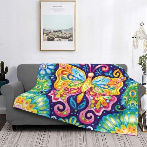 Psychedelic Butterflies Blanket Flannel Winter Colorful Cute Portable Soft Throw Blankets for Home Bedroom Plush Thin Quilt