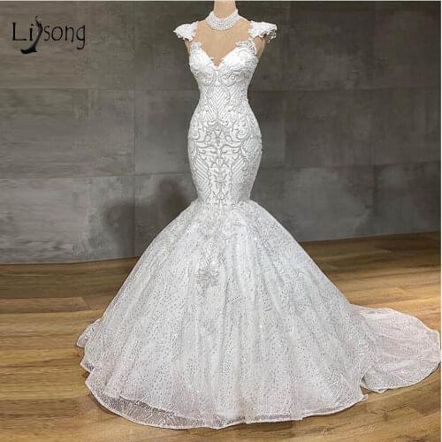 Real Image Lace Mermaid Wedding Dresses Sparkle Beaded See Thru Back Sexy Bridal Gowns Custom Made Wedding Gowns