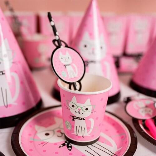 Pink Cartoon Cat Theme Birthday Party Decoration Supplies Tableware Paper Cup Plate Napkins Popcorn Box Baby Shower Kids Favors