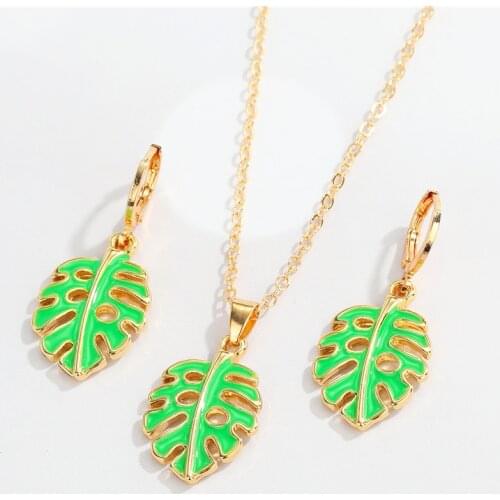 1Pair New Bohemia Enamel Green Hollow Leaves Earrings For Women Jewelry Set Fashion Leaf Small Hoop Earrings Necklace E751