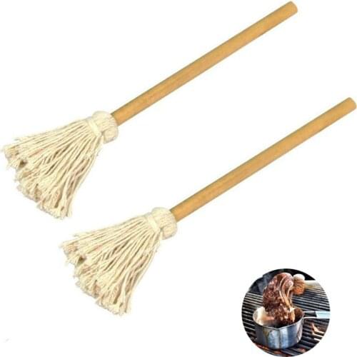 1/2pcs 15.7'' 40cm BBQ Mop Wood Handle Thread Mop Cotton Sauce Mop BBQ Grill Brush Food BBQ Basting Brush Barbecue Accessories