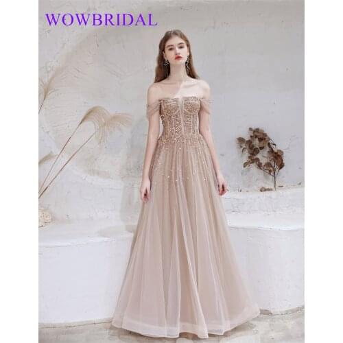 Wowbrial 2021 Elegant Beaded Floor Length Tulle Coral Lace Appliqued Dubai Evening Dresses with Long Sleeve