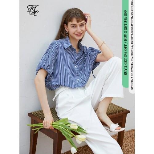 FANSILANEN Office Lady 100% Cotton Blue White Striped Shirt Female Summer Thin Loose Niche French Short-sleeved Women Top