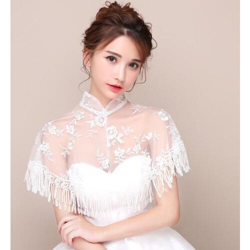 Women High Neck Wedding Wrap Ivory Lace with Tassel Bolero Embroidery Formal Tulle Bridal Party Prom Evening Cape Elegant Sheer