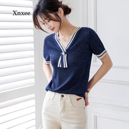 Patchwork Knitted T Shirt 2021 Summer Bright Silk Women V-Neck Elegant Thin Pullover Fashion Tee Shirt Femme Slim Tops
