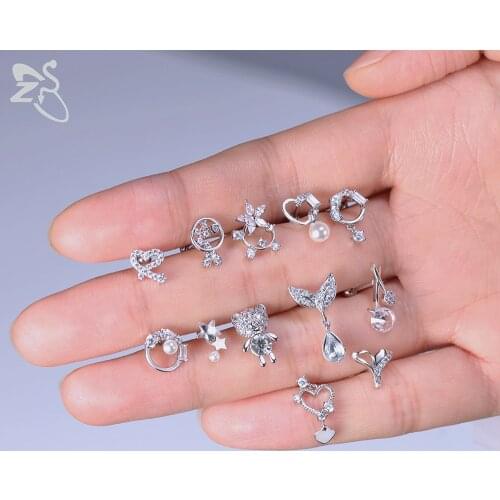 ZS 24 Styles Shiny Crystal Stud Earrings For Women Planet Flower Shape Ear Helix Cartilage Piercings Pearl Ear Studs Jewellery