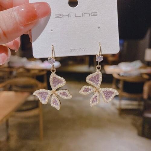 New Premium Pearl Butterfly Earrings for Women High Quality Designer Luxury Jewelry Korean Version Advanced Purple Rhinestones