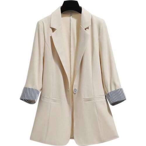 Women Autumn 3/4 Sleeve Lapel Button Slim Blazer Coat Striped Cuff Office Jacket