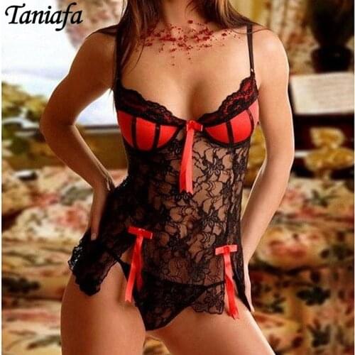 Women Sexy Lace Sling Off Shoulder Lingerie Temptation Split Lace Backless Dress Set Babydoll Sleepwear
