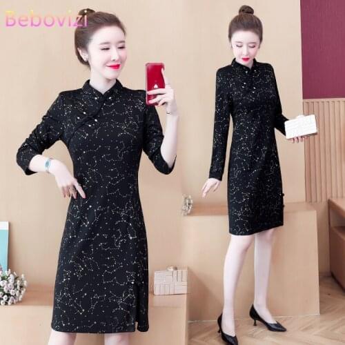 Plus Size M-4XL Autumn Winter Black Vintage Party Cheongsam Dress for Women Long Sleeve Qipao Traditional Chinese Clothes