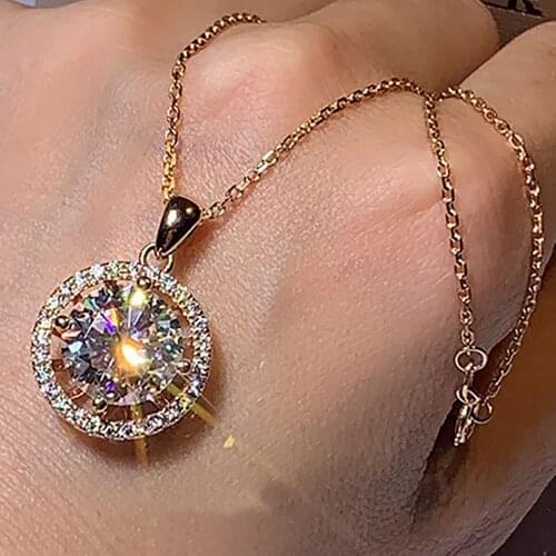 14K Rose Gold Women Pendant Necklaces Moissanite Diamonds Round Elegant Wedding Party Engagement Anniversary Present Trendy