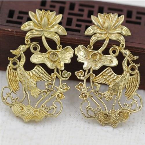 3pairs Brass Casted Cranes on Lotus Flower Leaf Branch Connectors Charms Quality Women Bridal Wedding Hair Jewelry Accessories