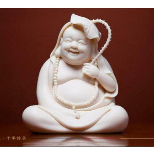 5" Chinese Dehua White Porcelain Happy Laugh Maitreya Buddha Lotus Leaf Statue