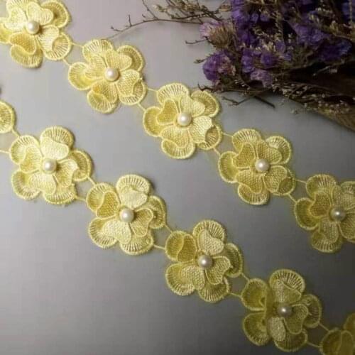 91cm Yellow Pearl Lace Flower For Dress Ribbon Lace Trim Knitting Wedding Embroidered DIY Handmade Patchwork Sewing Craft