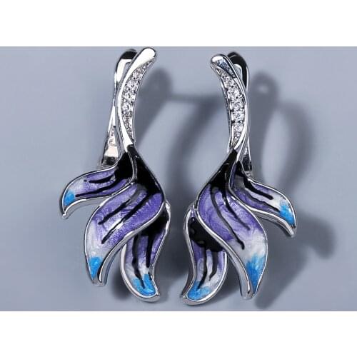 925 Silver Long Beautiful Flower Shape Earrings Violet Epoxy Handmade Enamel Ladies Earring Jewelry Romantic For Women