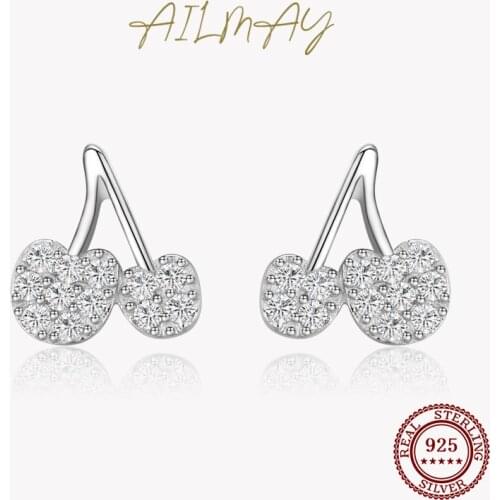 Ailmay Hypoallergenic 925 Sterling Silver Summer Fruit little Cherry Earrings Exquisite lovely CZ For Women Girls Party Jewelry