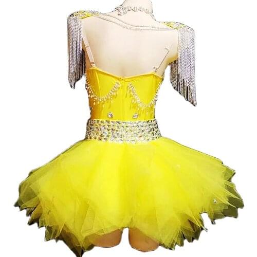 Shining Yellow Diamonds Women Bodysuits Sleeveless Backless Leotard Epaulet Tutu Skirt 3-Piece Set Latin Ballet Stage Show Wear