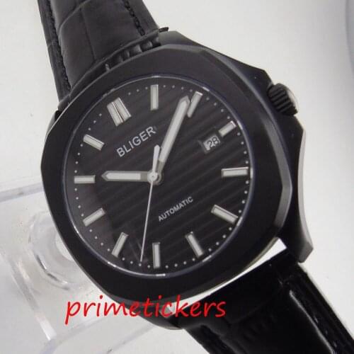 Automatic mens watch 39mm black dial BLIGER PVD coated case sapphire glass date window leather band watch