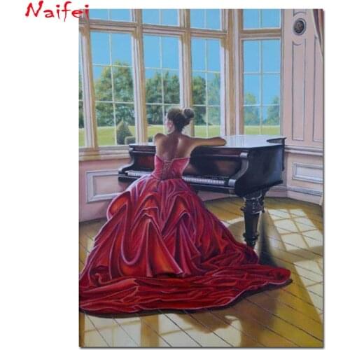 5d Diamond Painting New Arrival"Painting Of Woman In Red Dress Playing Piano"Embroidery Cross Stitch portrait bedroom Home Decor