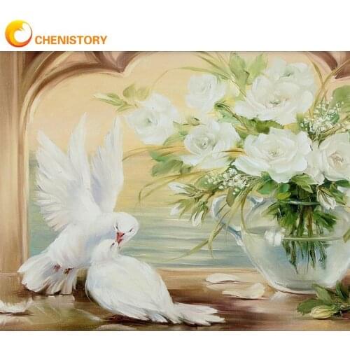 CHENISTORY DIY Full Diamond Painting Pigeon White Flower Full Square Rhinestones Animal Embroidery Cross Stitch Mosaic Home Deco