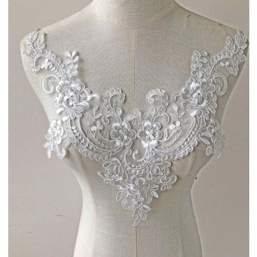 Ivory V-Neck Lace Applique Embroidery Floral Applique Trims Collar Patch for Wedding Dress Gown Costumes