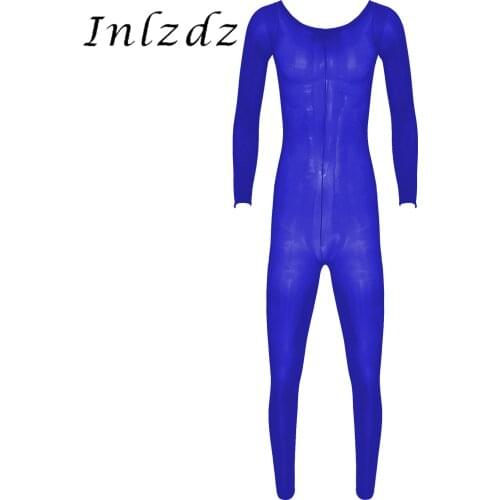 Mens Exotic Apparel See Through Bodysuit Glossy Round Neck Long Sleeve Stretchy Leotard Bodystocking Gay Male Sexy Body Suit