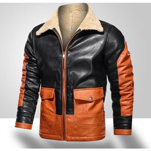 Men Winter Lapel Leather Jacket Fashion Patchwork Bomber Motorcycle Coat Men Leather Windbreaker Jacket Outdoor Casual Fur Coats