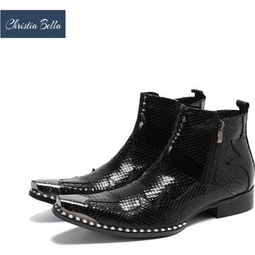 Christia Bella Winter Genuine Leather Men Ankle Boots Metal Square Toe Party Short Boots Zipper Motorcycle Boots Male Shoes