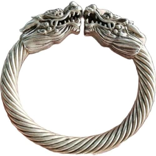 China Old Tibetan Silver Double Headed Dragon Silver Bracelet Mens Bracelet