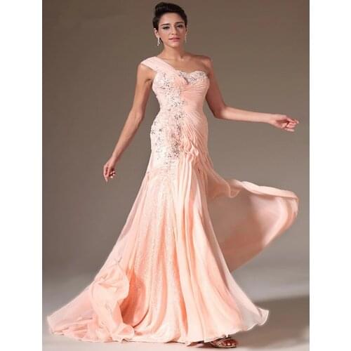 Blush Evening Dresses Mermaid One-shoulder Chiffon Lace Beaded Long Dubai Saudi Arabic Evening Gown Prom Dresses
