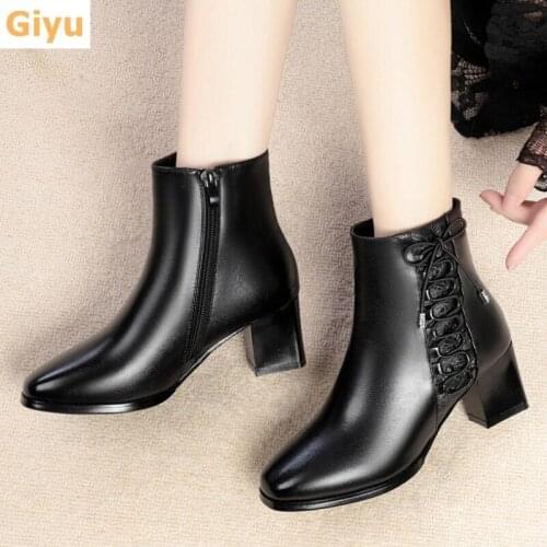 Warm Wool Bootie 2020 Winter Womens Snow Boots Fashion High Heel Ankle Boots Genuine Leather Black Thick Heel Non-slip Shoes