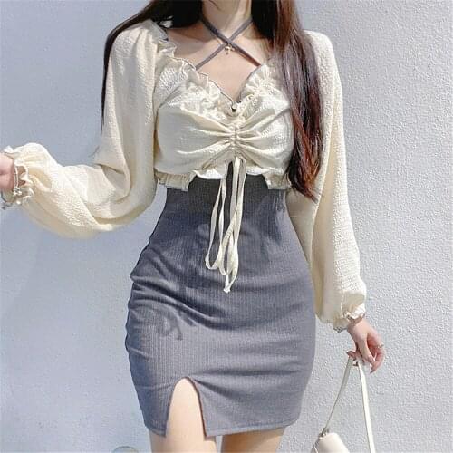 Women Casual Elegant Long Sleeve T-Shirt Fashion Apricot Solid Color Ruffles Drawstring Crop Tops Spring And Autumn 2021