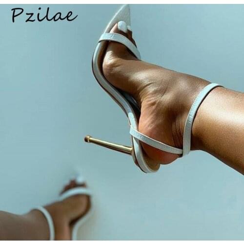 Pzilae White Snake Print PU Leather Pointed Open Toe Women Sandals Fashion Ankle Buckle Strap Metal Stiletto Heels Party Shoes