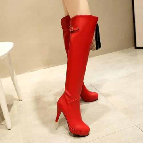 2019 Autumn Women Boots Fashion Platform High Heel Knee High Boots Winter Plush Long Boots Pointed Toe Zipper Woman Shoes