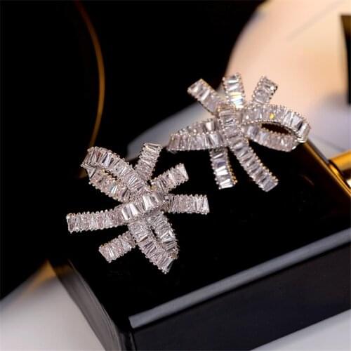 New Arrival 9 25 Silver Color Cute Bowknot Stud Earrings for Women with Zircon Stone Fashion Korean Earrings 2021 Female Jewelry