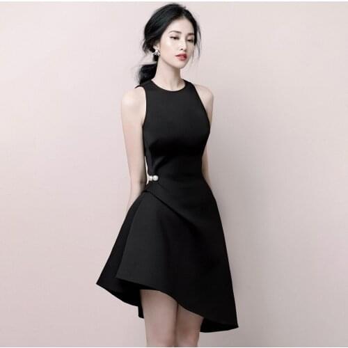 New Summer White Black Sleeveless Office Work Blazer Women Dew Shouder O Neck Pearl Button Slim Irregular Business A-Line Dress